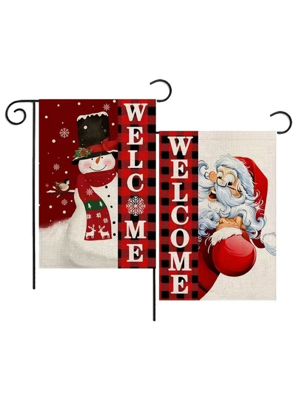 Set of 2 Snowman Santa Winter Holiday Garden Flags 12x18